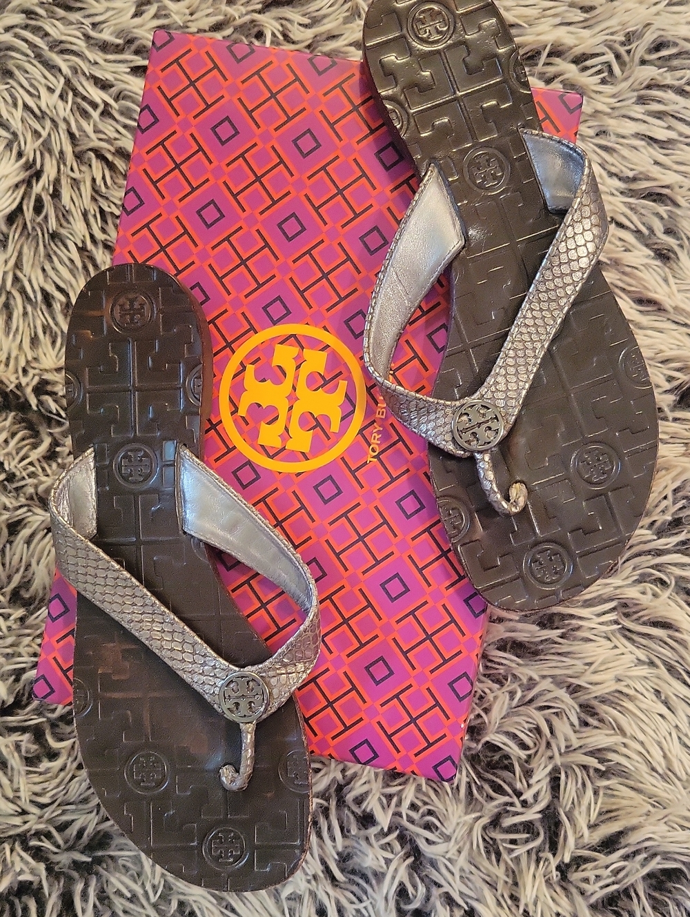 Tory Burch Metallic Silver Snake-Texture Logo Thong Sandals